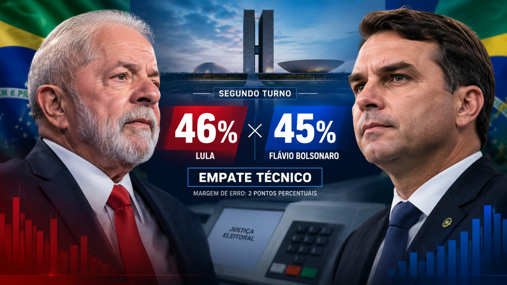 Pesquisa mostra disputa acirrada entre Lula e Flávio Bolsonaro no segundo turno